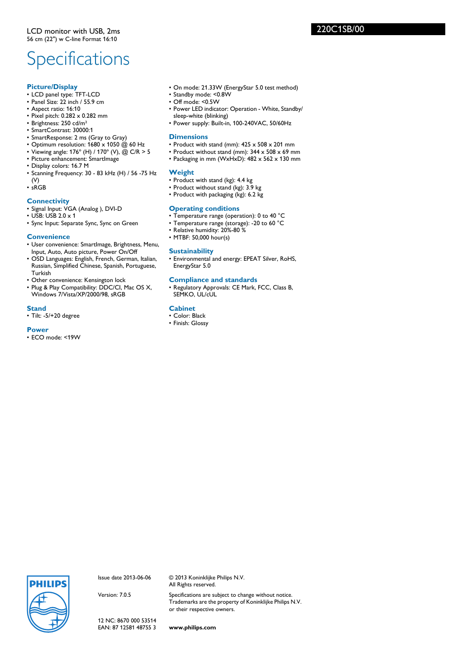 Specifications | Philips 220C1SB-00 User Manual | Page 3 / 3