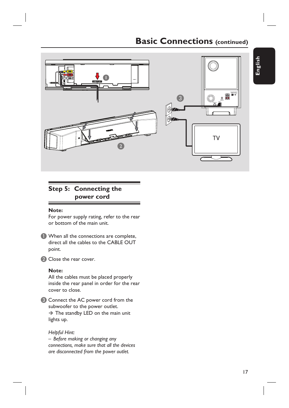 Basic connections, Step 5: connecting the power cord, Continued) | 17 english | Philips HTS8100-37B User Manual | Page 17 / 57