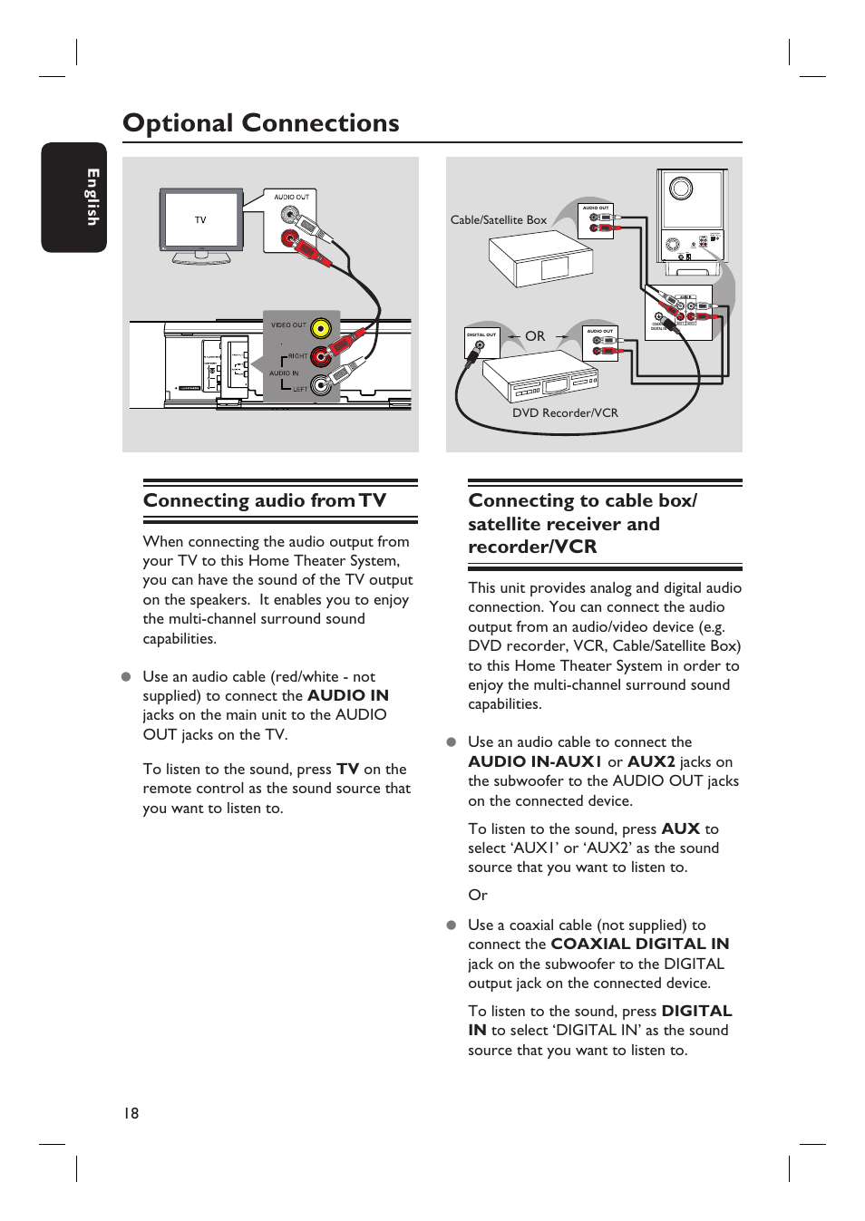 Optional connections, Connecting audio from tv, 18 english | Philips HTS8100-37B User Manual | Page 18 / 57