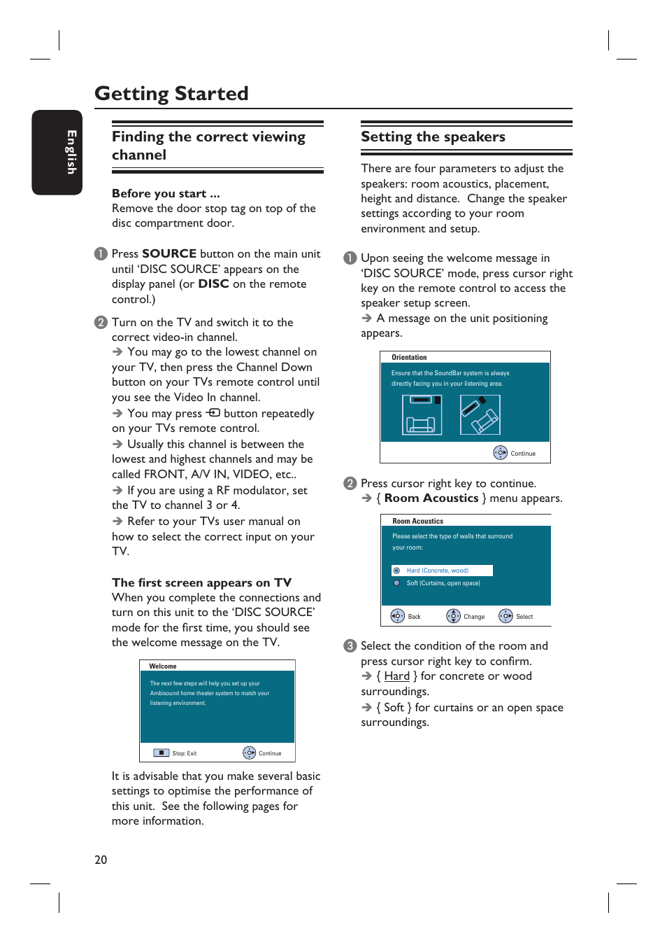 Getting started, Finding the correct viewing channel, Setting the speakers | Philips HTS8100-37B User Manual | Page 20 / 57