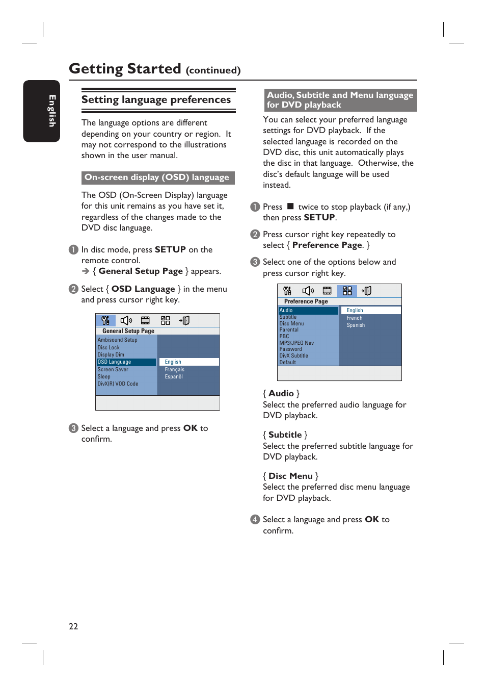 Getting started, Setting language preferences | Philips HTS8100-37B User Manual | Page 22 / 57