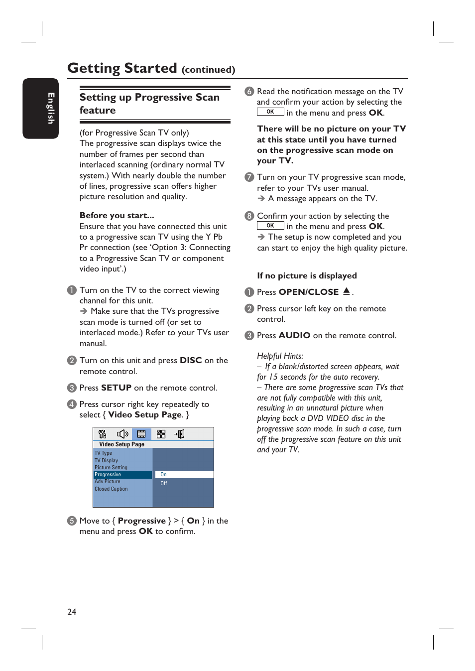 Getting started, Setting up progressive scan feature | Philips HTS8100-37B User Manual | Page 24 / 57