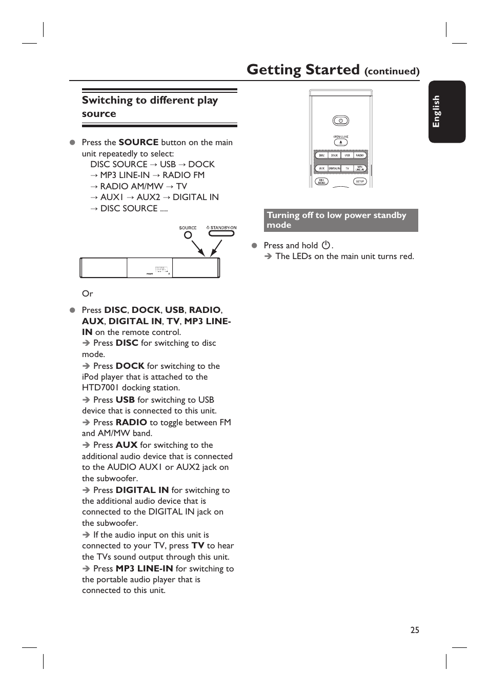 Getting started, Switching to different play source | Philips HTS8100-37B User Manual | Page 25 / 57