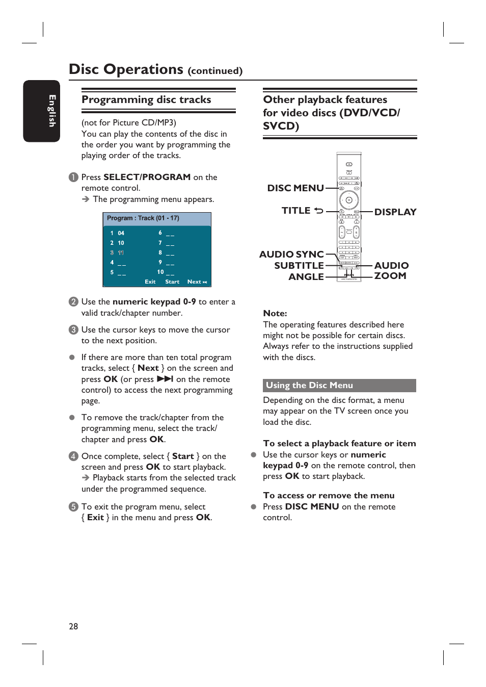 Disc operations, Programming disc tracks | Philips HTS8100-37B User Manual | Page 28 / 57