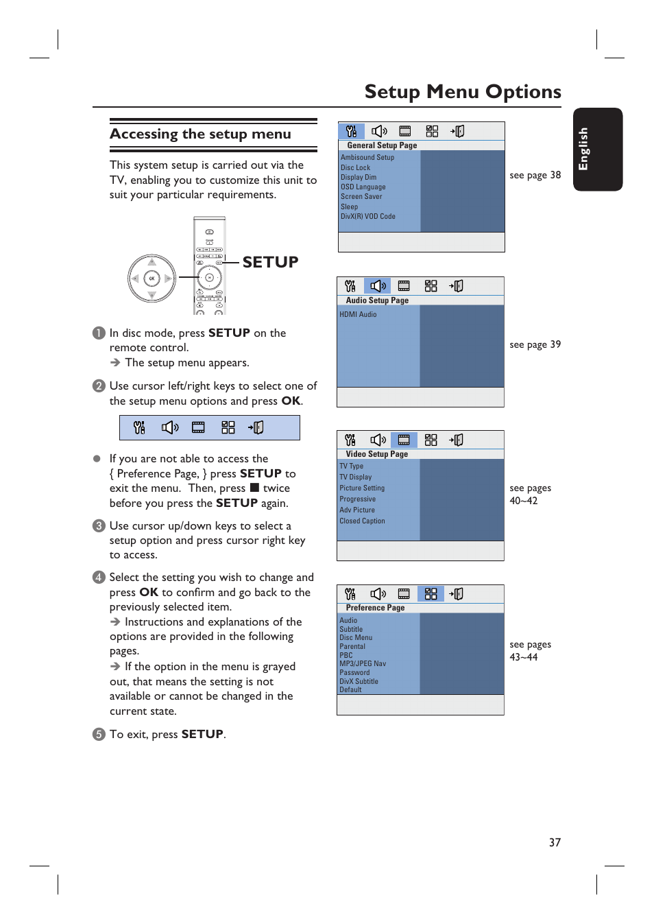 Setup menu options, Setup, Accessing the setup menu | Philips HTS8100-37B User Manual | Page 37 / 57