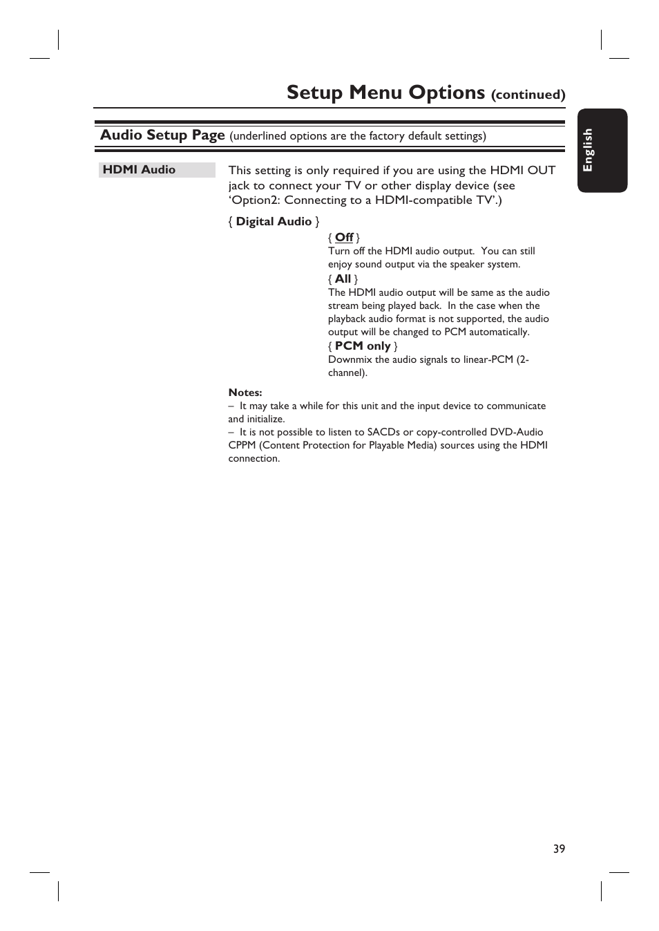 Setup menu options, Audio setup page | Philips HTS8100-37B User Manual | Page 39 / 57