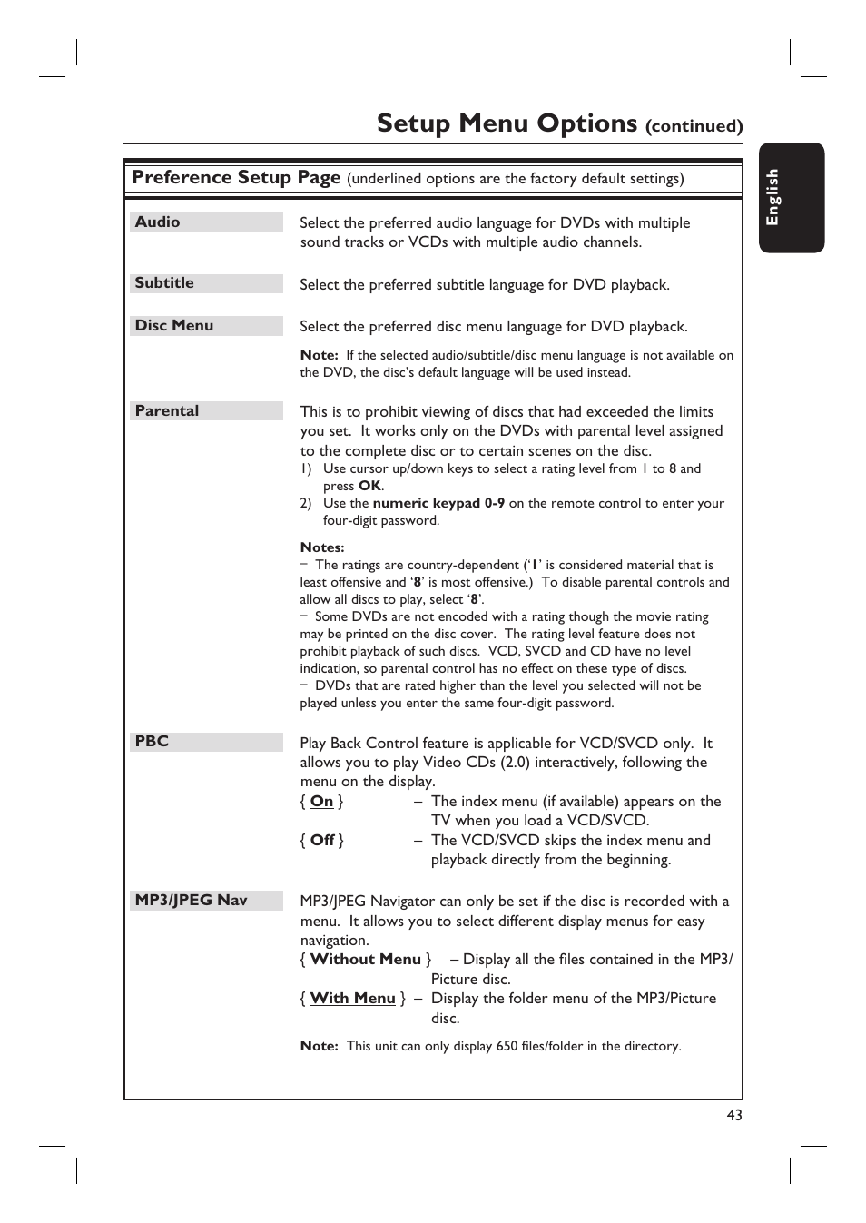 Setup menu options, Preference setup page | Philips HTS8100-37B User Manual | Page 43 / 57