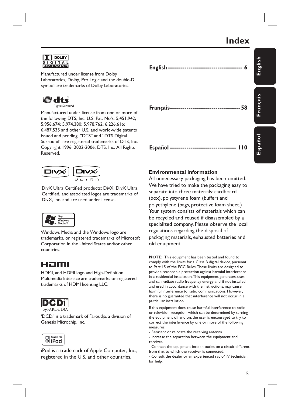 Index | Philips HTS8100-37B User Manual | Page 5 / 57