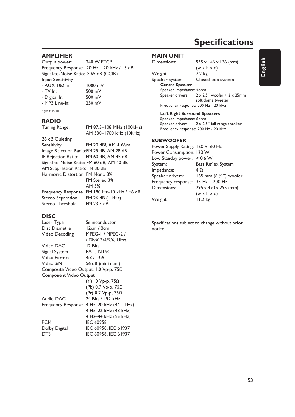 Specifi cations | Philips HTS8100-37B User Manual | Page 53 / 57