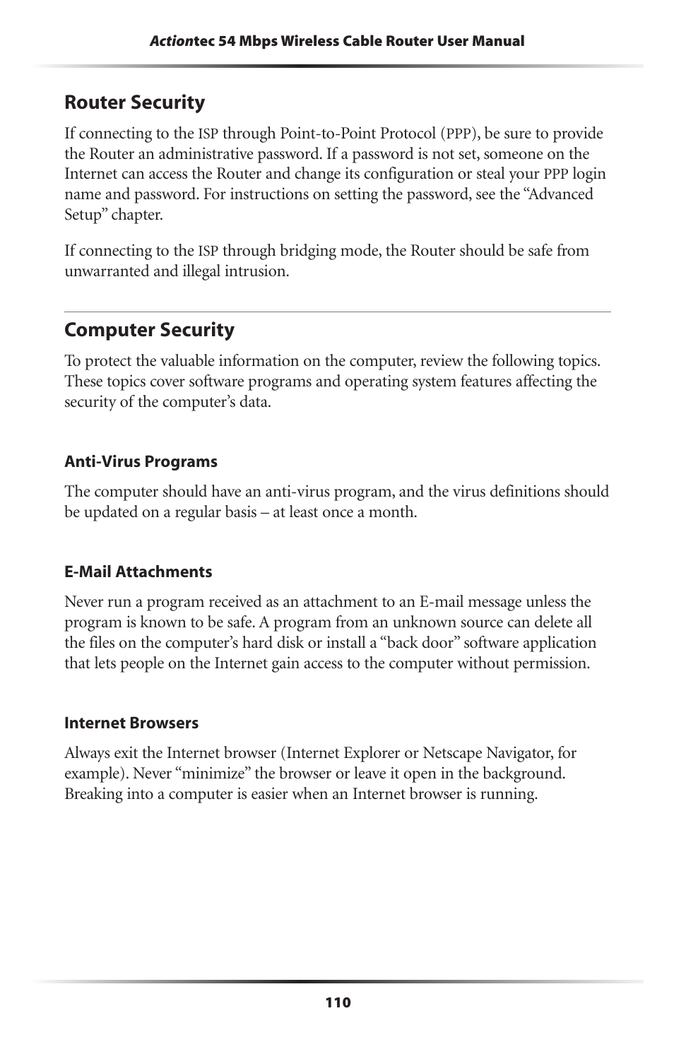 Router security, Computer security, 110 computer security | Actiontec electronic GT701WRU User Manual | Page 115 / 137