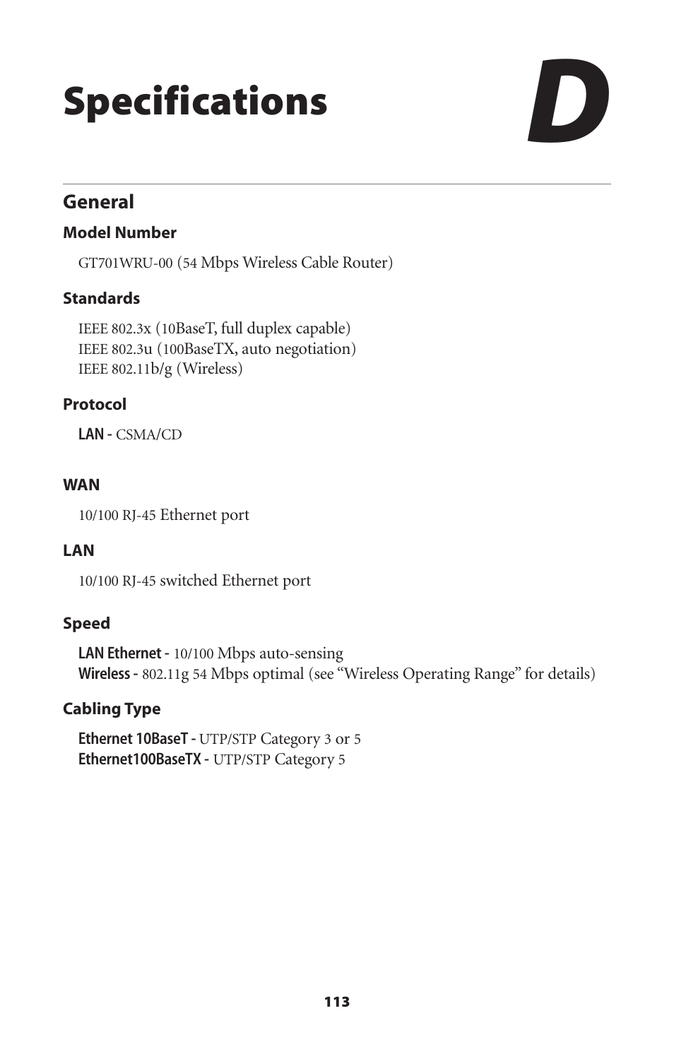 Specifications, General | Actiontec electronic GT701WRU User Manual | Page 118 / 137