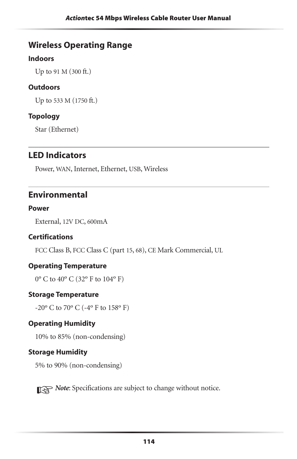 Wireless operating range, Led indicators, Environmental | 114 led indicators, 114 environmental | Actiontec electronic GT701WRU User Manual | Page 119 / 137