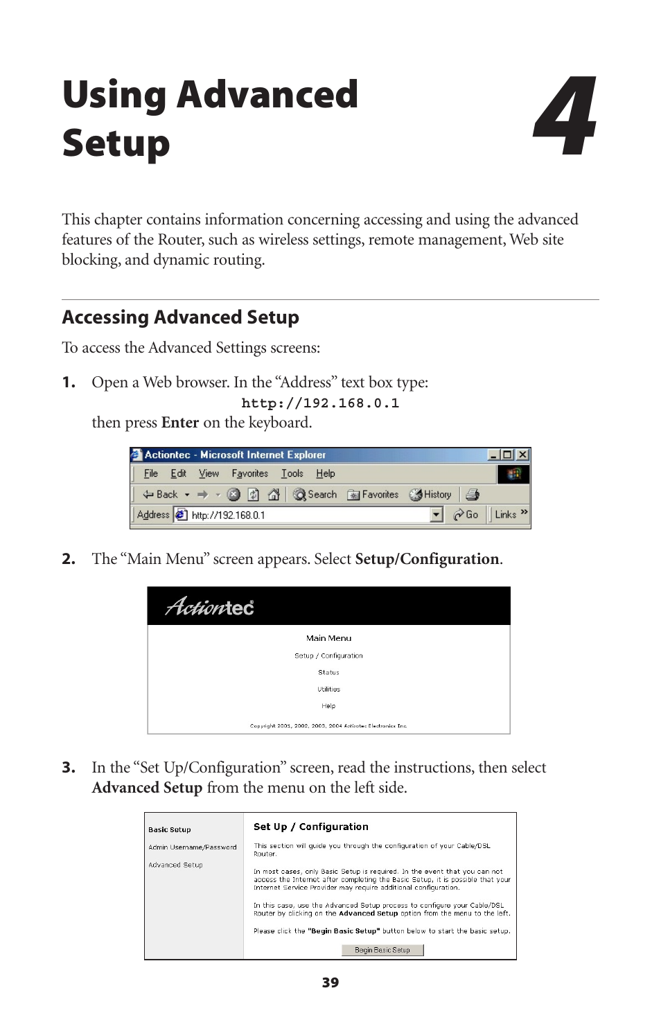 Using advanced setup, Accessing advanced setup | Actiontec electronic GT701WRU User Manual | Page 44 / 137