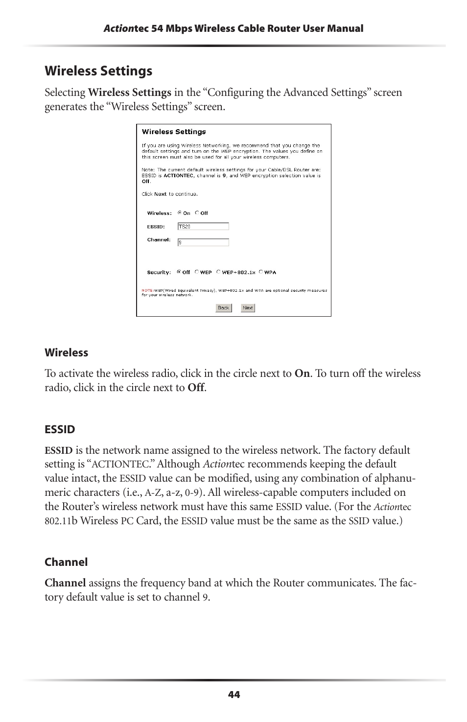 Wireless settings | Actiontec electronic GT701WRU User Manual | Page 49 / 137