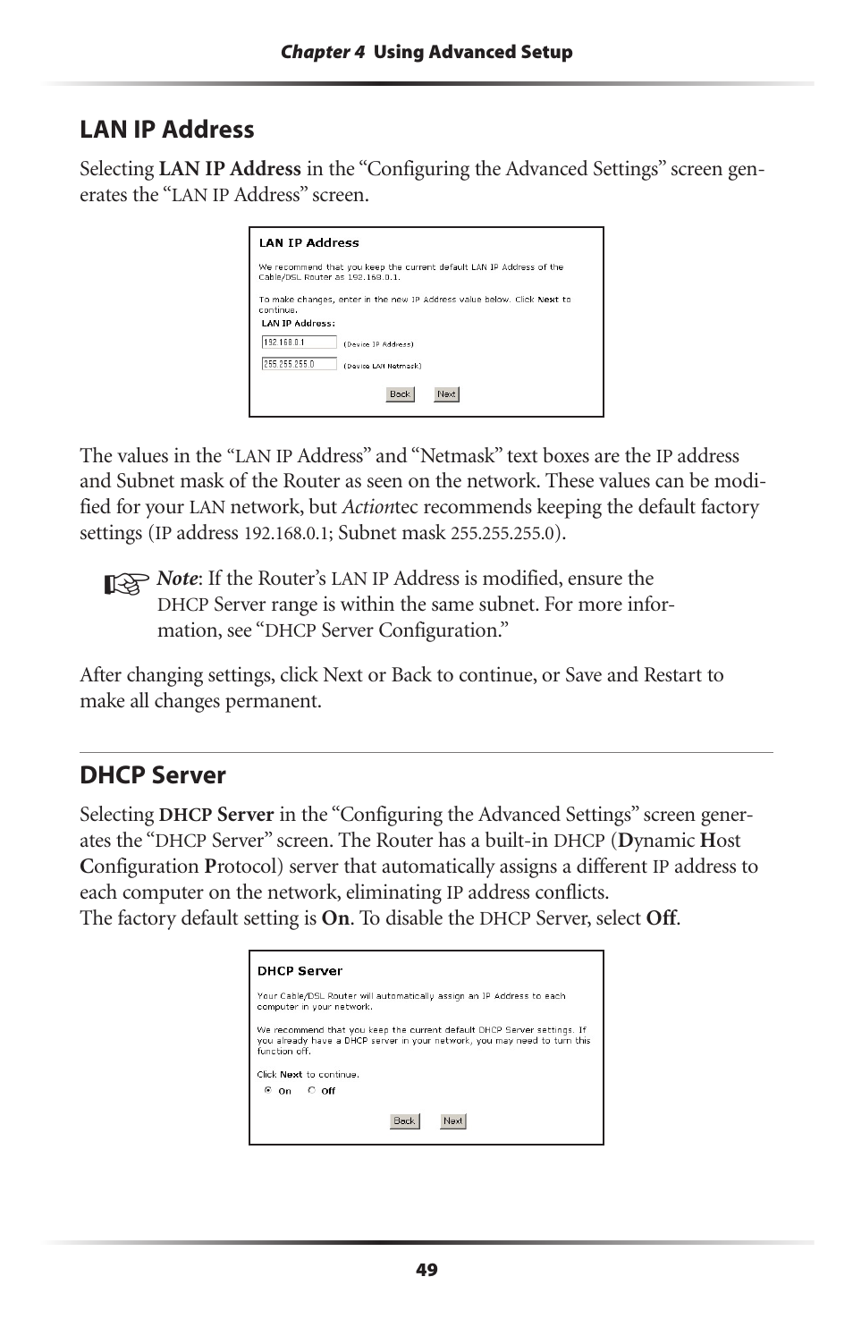 Lan ip address, Dhcp server, 49 dhcp server | Actiontec electronic GT701WRU User Manual | Page 54 / 137