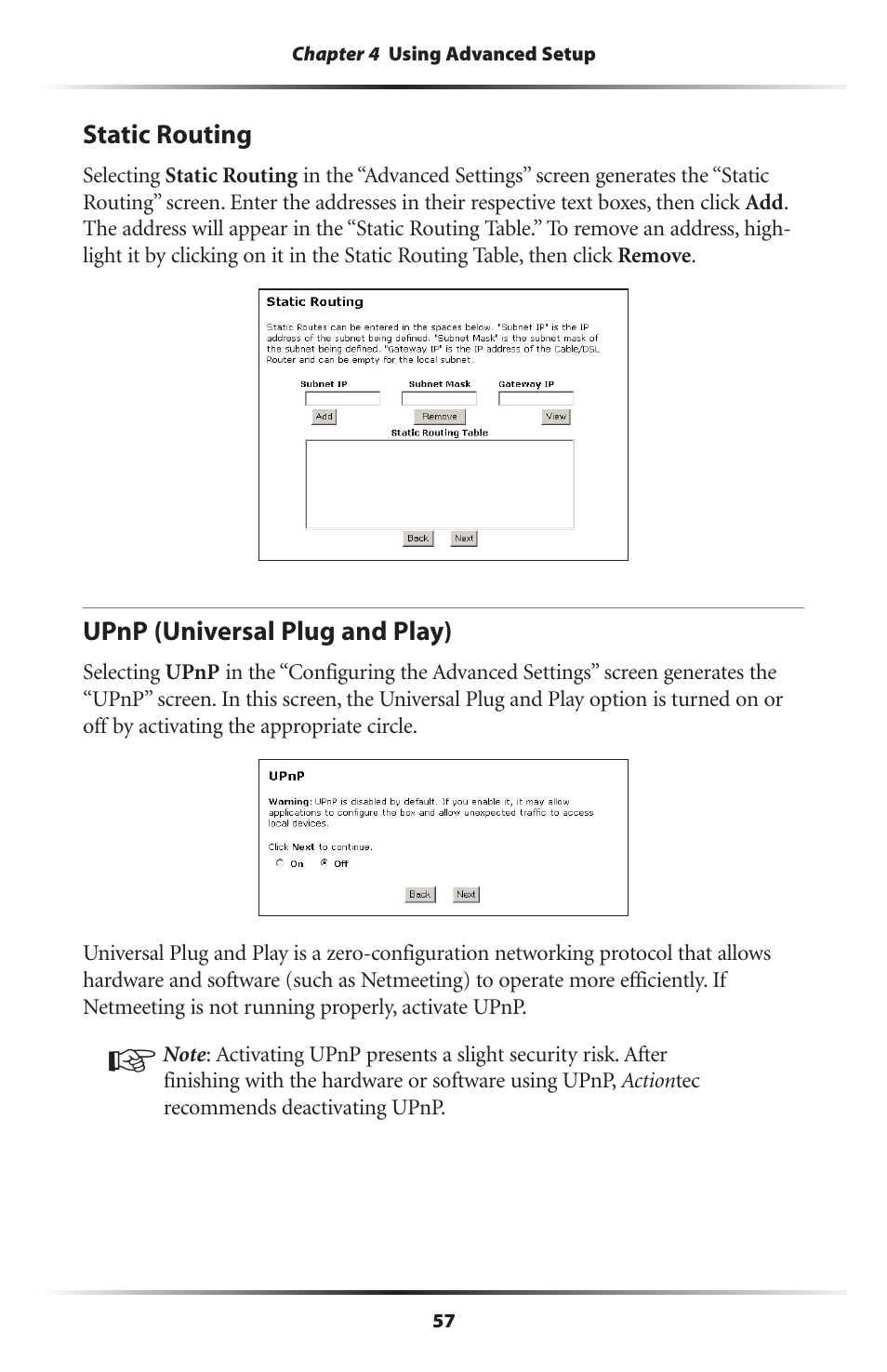 Static routing, Upnp (universal plug and play), 57 upnp (universal plug and play) 57 | Actiontec electronic GT701WRU User Manual | Page 62 / 137