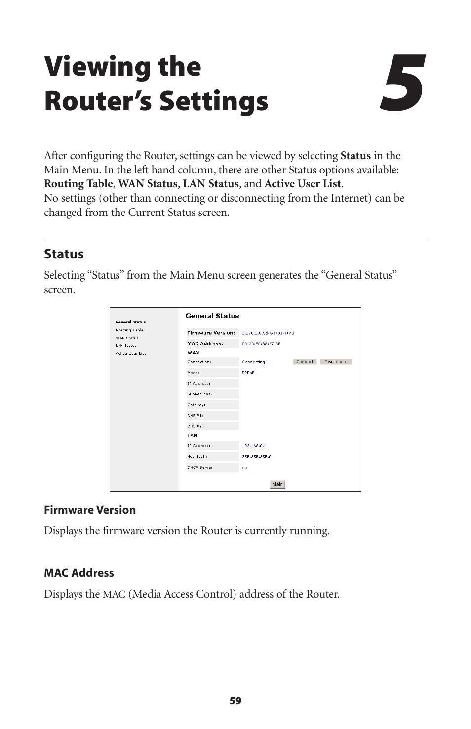 Viewing the router’s settings, Status | Actiontec electronic GT701WRU User Manual | Page 64 / 137