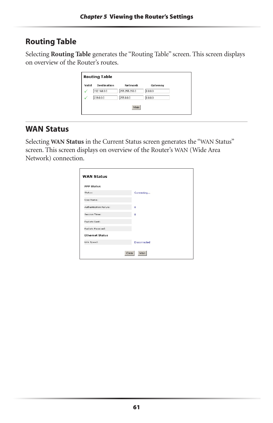 Routing table, Wan status, 61 wan status | Actiontec electronic GT701WRU User Manual | Page 66 / 137