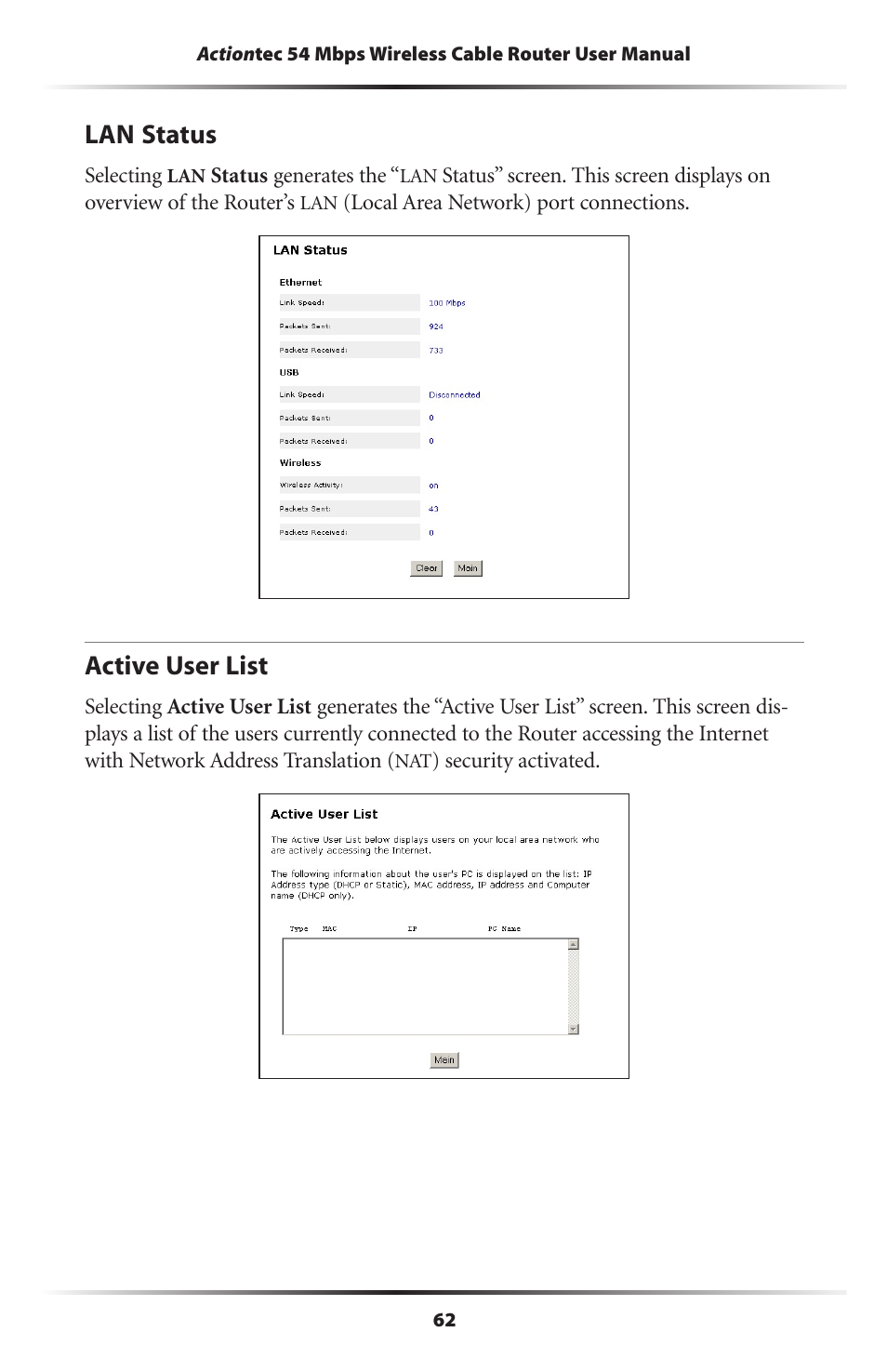 Lan status, Active user list, 62 active user list | Actiontec electronic GT701WRU User Manual | Page 67 / 137