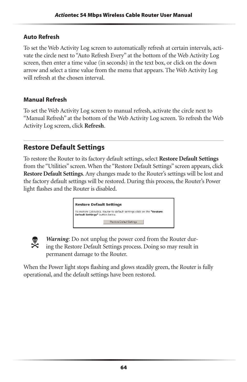 Restore default settings | Actiontec electronic GT701WRU User Manual | Page 69 / 137