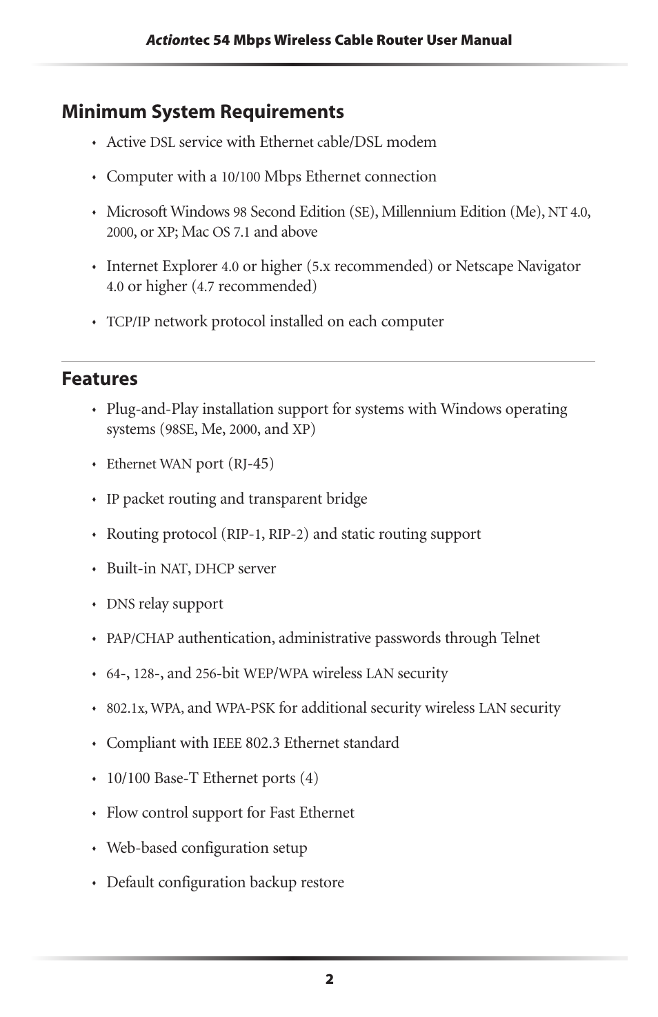 Minimum system requirements, Features, 2 features | Actiontec electronic GT701WRU User Manual | Page 7 / 137