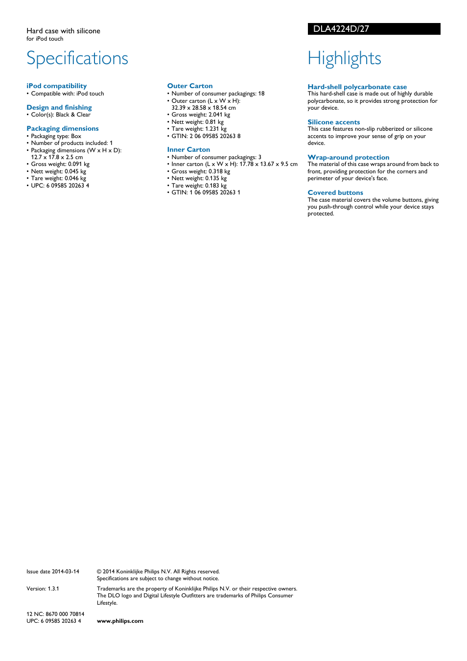 Specifications, Highlights | Philips DLA4224D-27 User Manual | Page 2 / 2