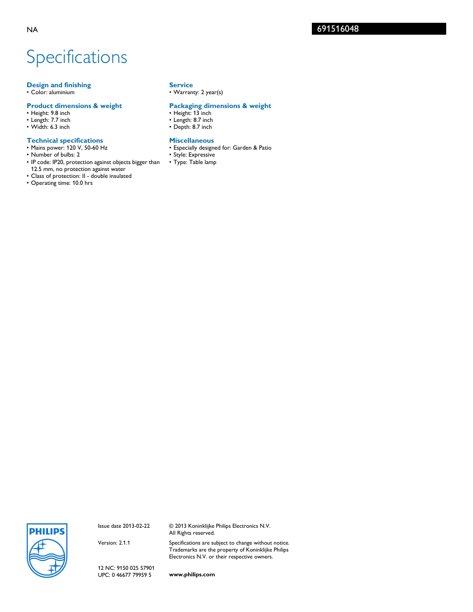 Specifications | Philips 691516048 User Manual | Page 2 / 2
