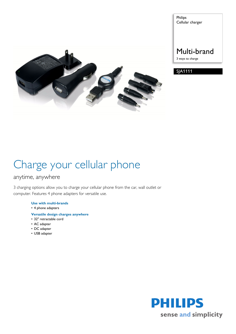 Philips Cellular charger SJA1111 Multi-brand 3 ways to charge User Manual | 2 pages