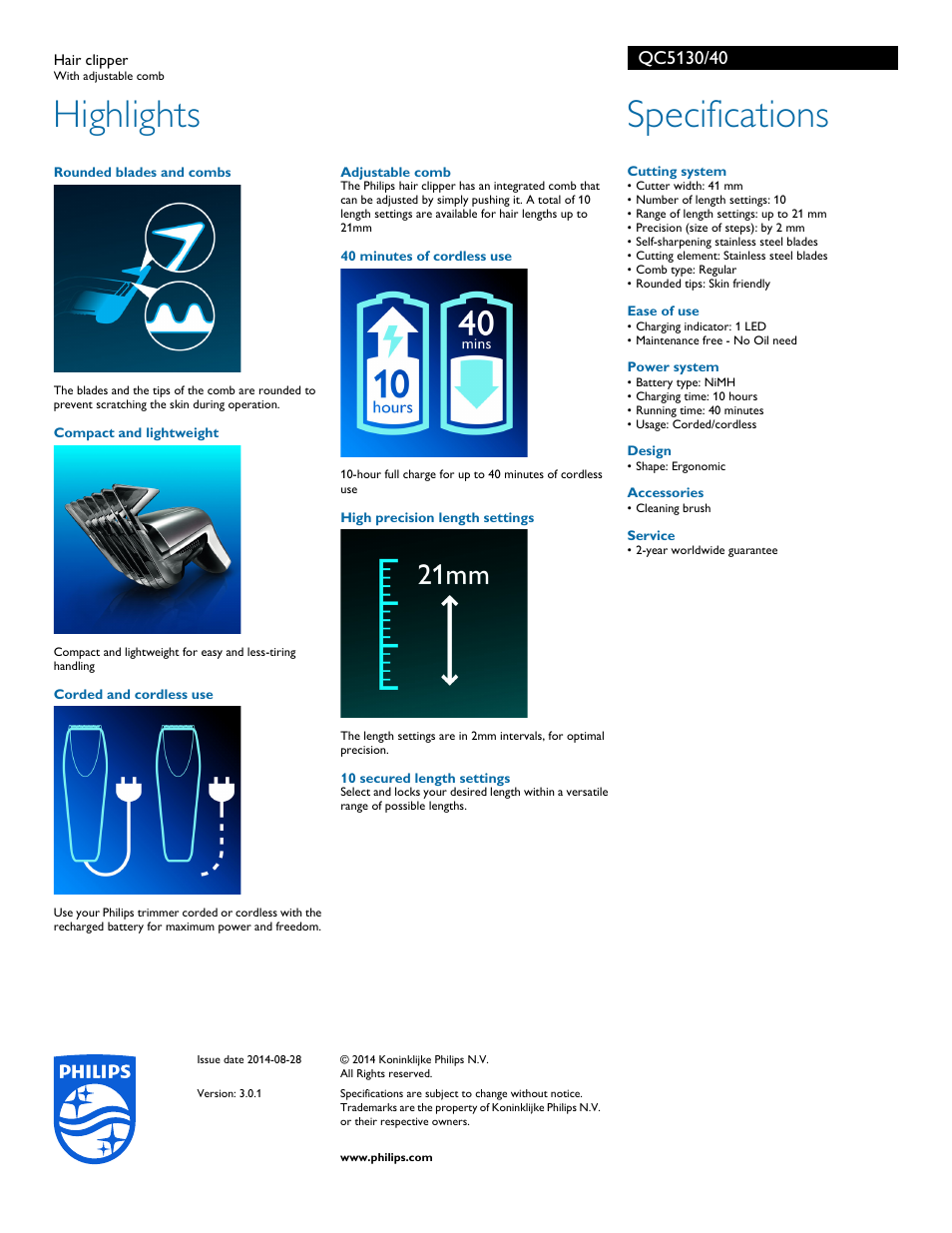 Highlights, Specifications | Philips Hair clipper QC5130 With adjustable comb User Manual | Page 2 / 2