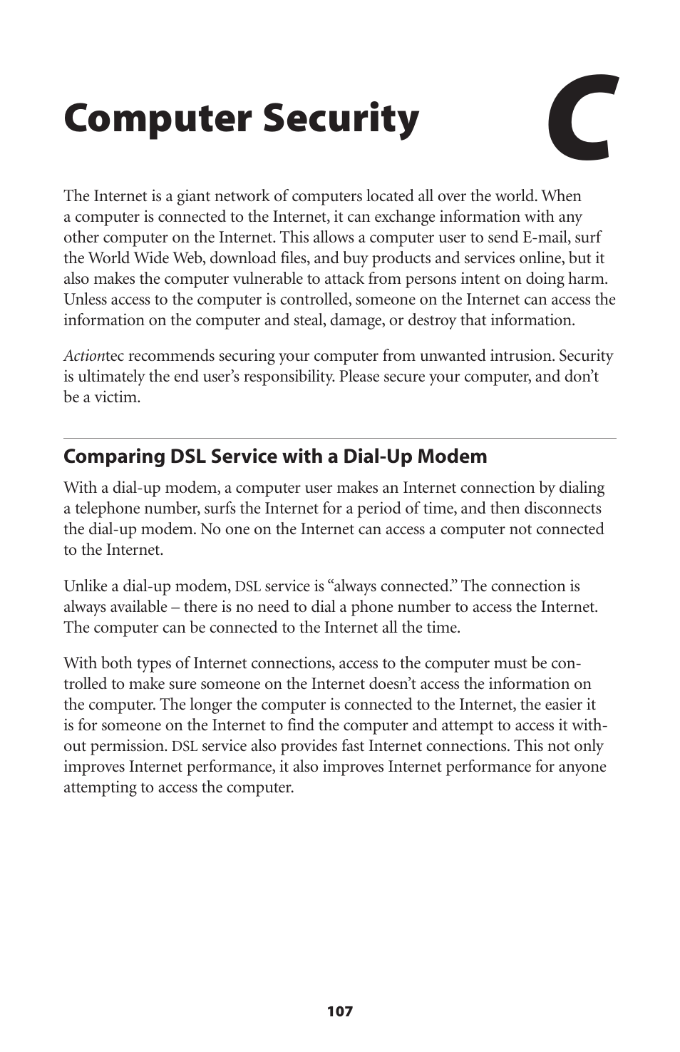 Computer security, Comparing dsl service with a dial-up modem | Actiontec electronic Actiontec Wireless DSL Gateway GT701WG User Manual | Page 110 / 135