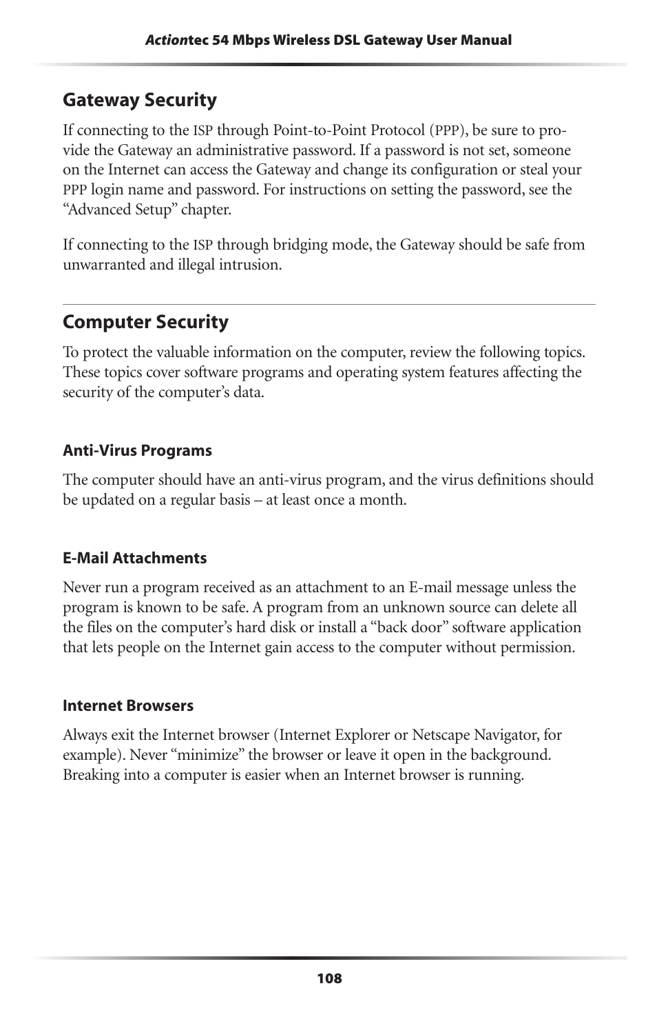 Gateway security, Computer security, 108 computer security | Actiontec electronic Actiontec Wireless DSL Gateway GT701WG User Manual | Page 111 / 135