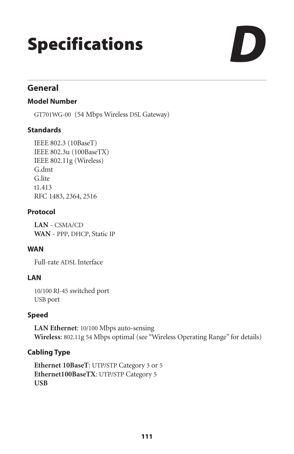 Specifications, General | Actiontec electronic Actiontec Wireless DSL Gateway GT701WG User Manual | Page 114 / 135