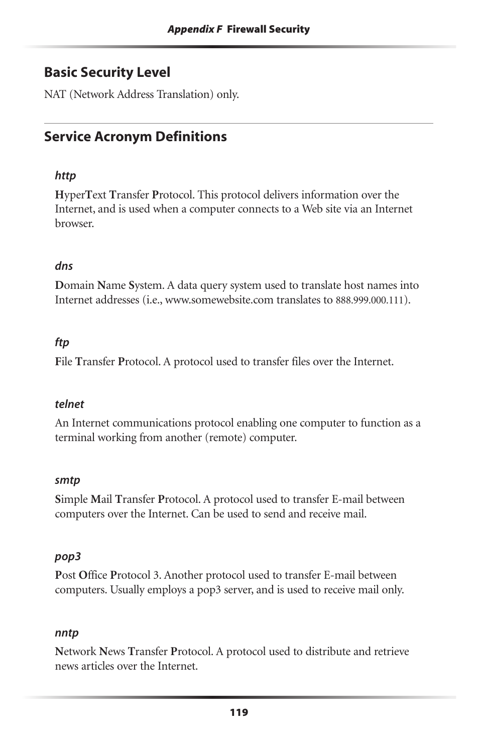 Basic security level, Service acronym definitions, 119 service acronym definitions | Actiontec electronic Actiontec Wireless DSL Gateway GT701WG User Manual | Page 122 / 135