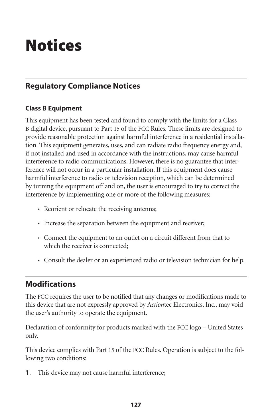 Notices, Regulatory compliance notices, Modifications | 127 modifications | Actiontec electronic Actiontec Wireless DSL Gateway GT701WG User Manual | Page 130 / 135