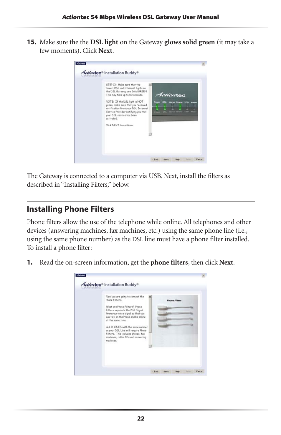 Installing phone filters | Actiontec electronic Actiontec Wireless DSL Gateway GT701WG User Manual | Page 25 / 135