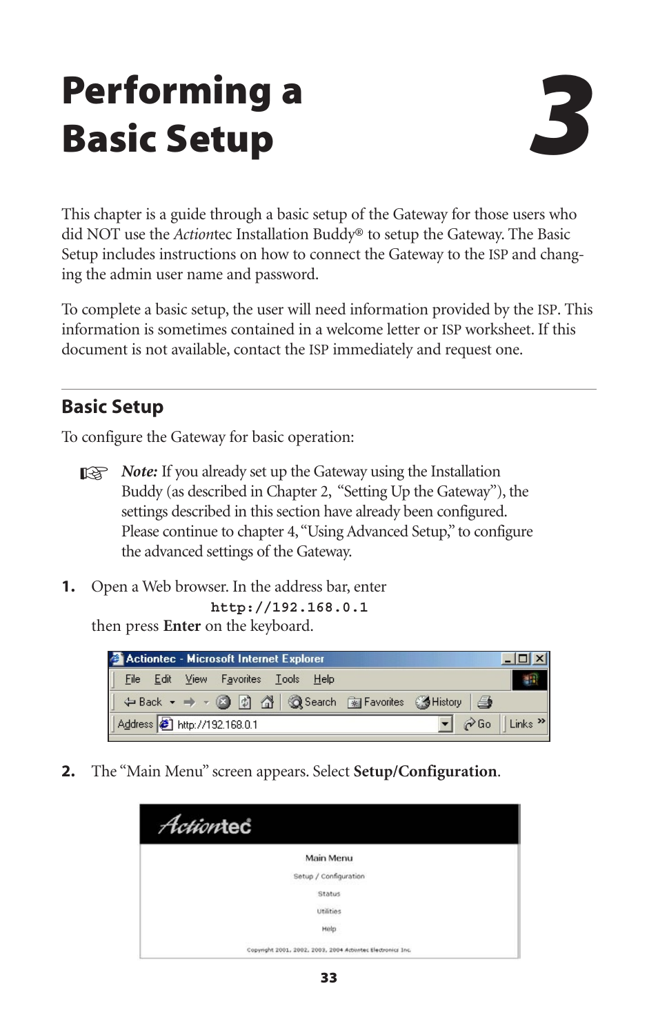 Performing a basic setup, Basic setup | Actiontec electronic Actiontec Wireless DSL Gateway GT701WG User Manual | Page 36 / 135