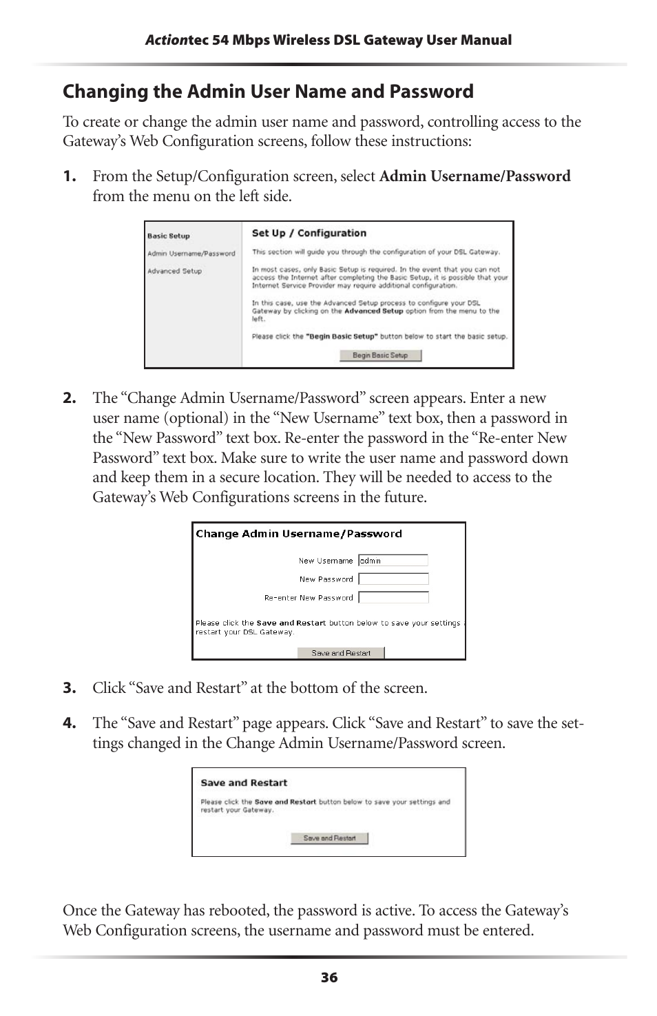 Changing the admin user name and password | Actiontec electronic Actiontec Wireless DSL Gateway GT701WG User Manual | Page 39 / 135