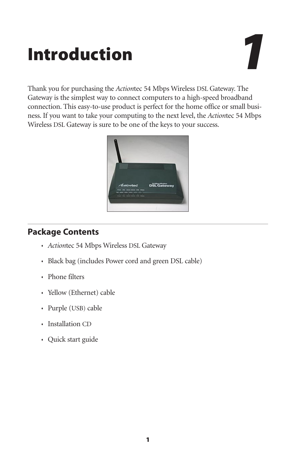 Introduction, Package contents | Actiontec electronic Actiontec Wireless DSL Gateway GT701WG User Manual | Page 4 / 135