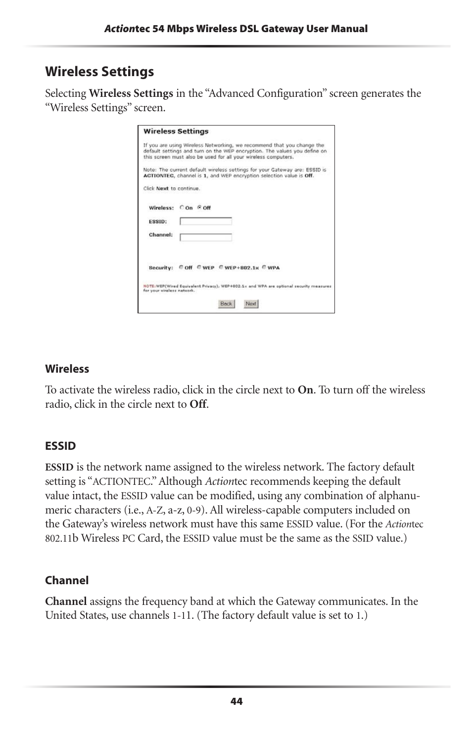 Wireless settings | Actiontec electronic Actiontec Wireless DSL Gateway GT701WG User Manual | Page 47 / 135