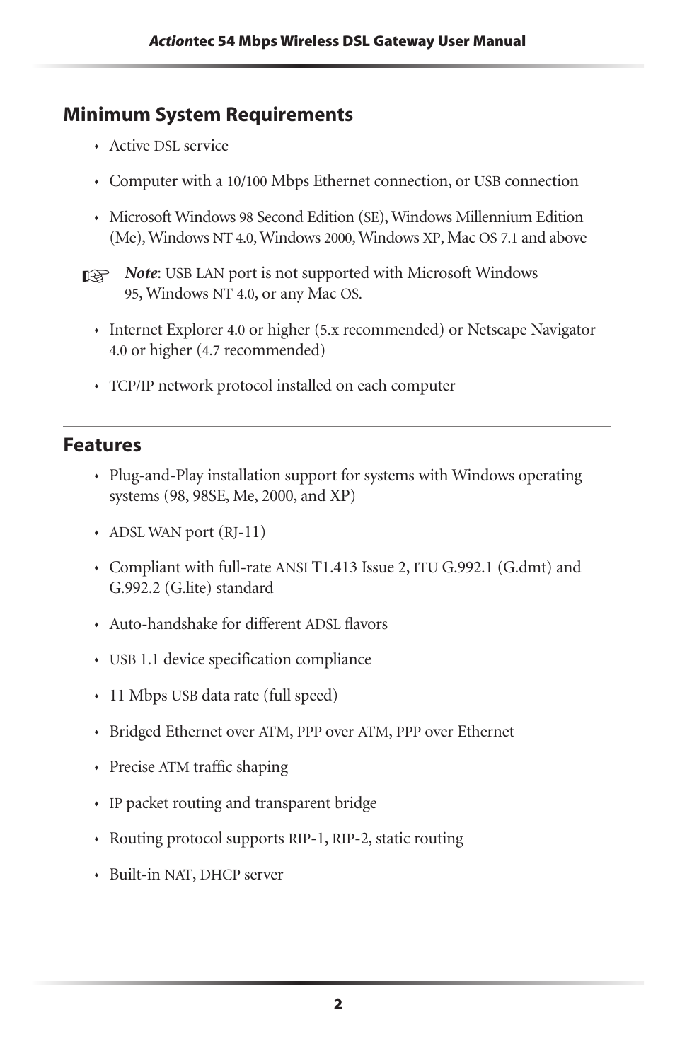 Minimum system requirements, Features, 2 features | Actiontec electronic Actiontec Wireless DSL Gateway GT701WG User Manual | Page 5 / 135