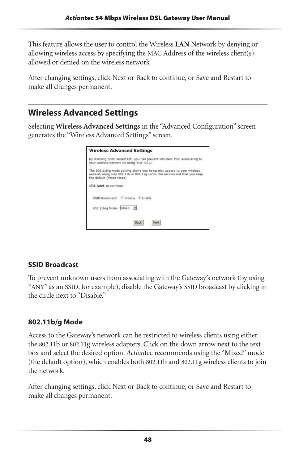 Wireless advanced settings | Actiontec electronic Actiontec Wireless DSL Gateway GT701WG User Manual | Page 51 / 135