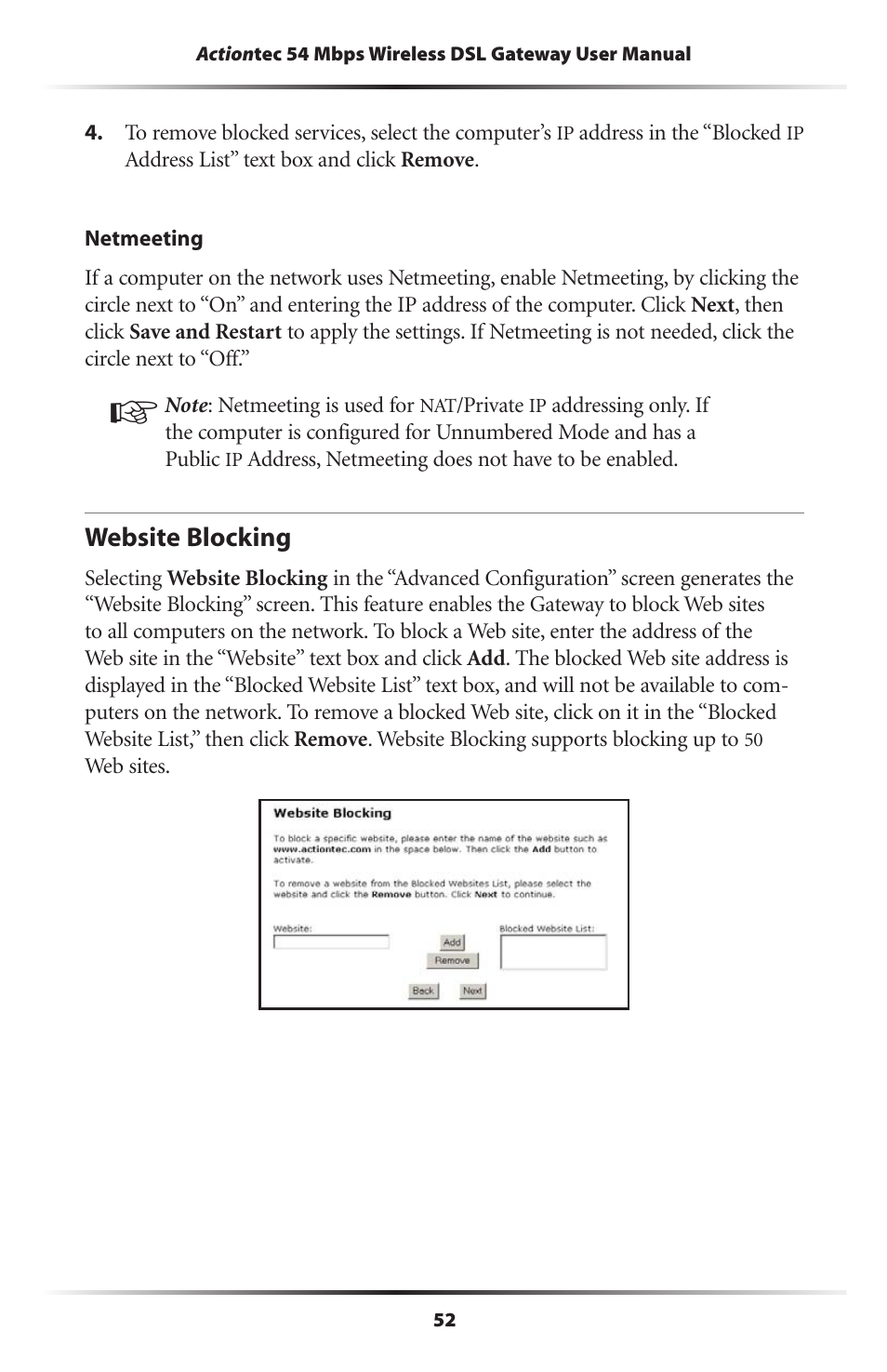 Website blocking | Actiontec electronic Actiontec Wireless DSL Gateway GT701WG User Manual | Page 55 / 135