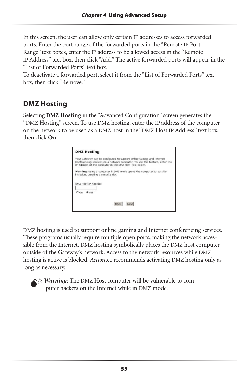 Dmz hosting | Actiontec electronic Actiontec Wireless DSL Gateway GT701WG User Manual | Page 58 / 135