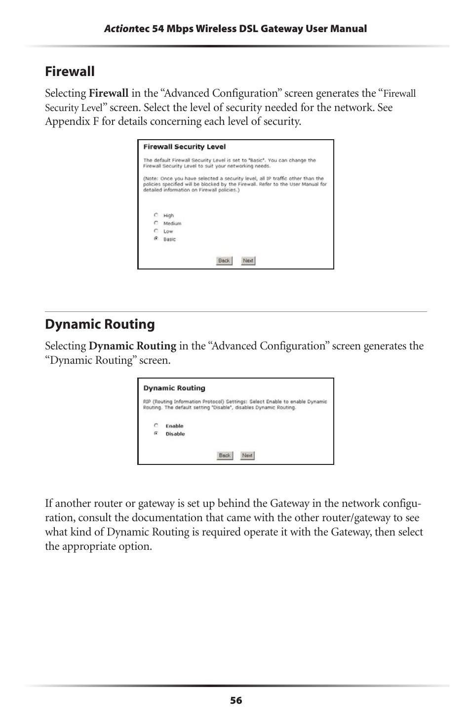 Firewall, Dynamic routing, 56 dynamic routing | Actiontec electronic Actiontec Wireless DSL Gateway GT701WG User Manual | Page 59 / 135
