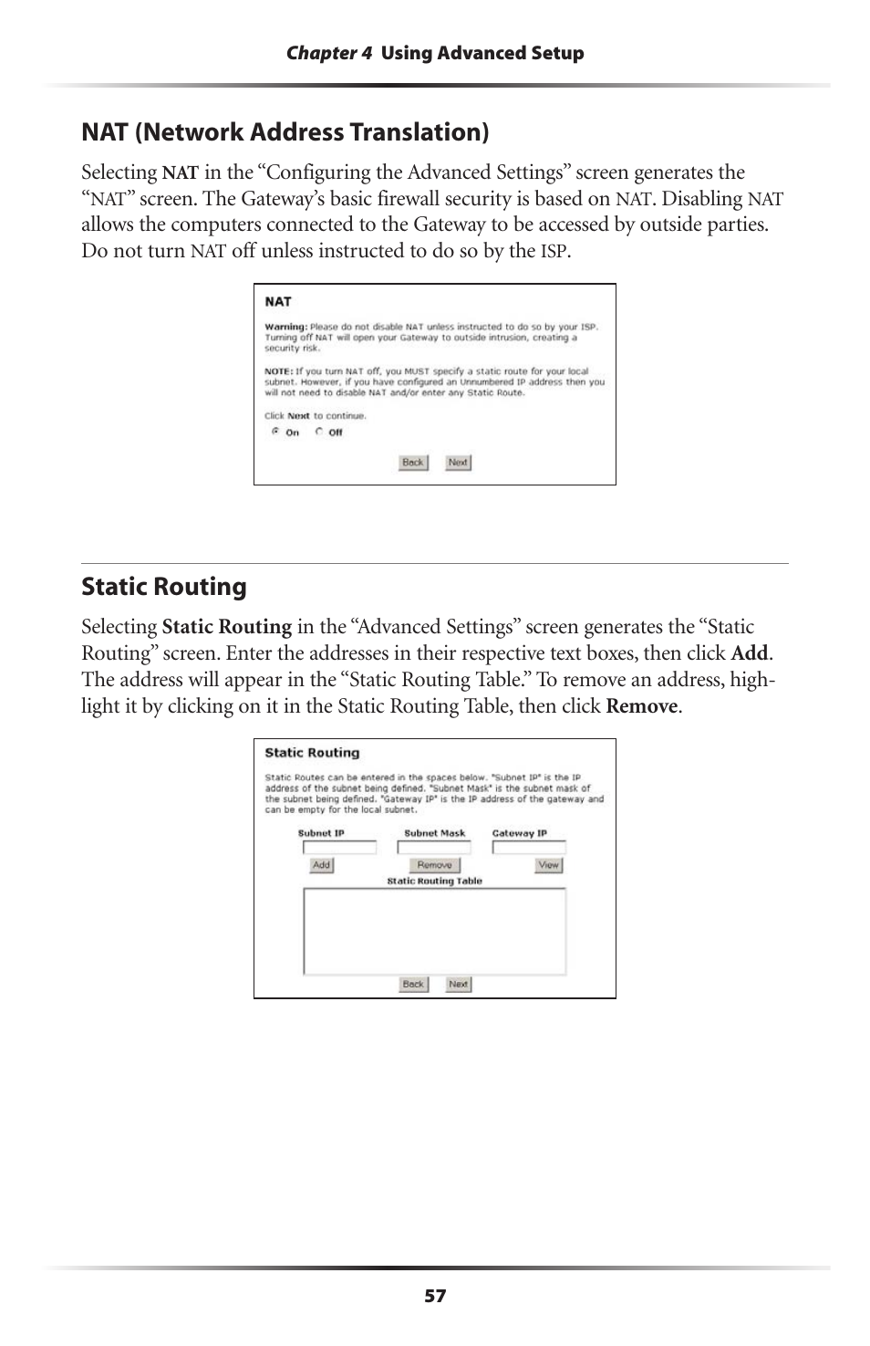 Nat (network address translation), Static routing, 57 static routing | Actiontec electronic Actiontec Wireless DSL Gateway GT701WG User Manual | Page 60 / 135