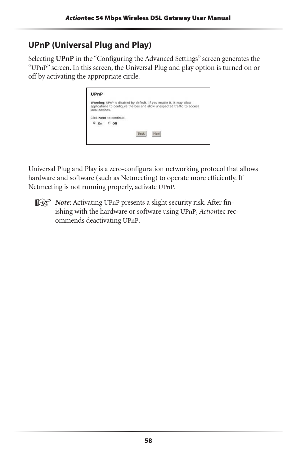 Upnp (universal plug and play), Upnp (universal plug and play) 58 | Actiontec electronic Actiontec Wireless DSL Gateway GT701WG User Manual | Page 61 / 135