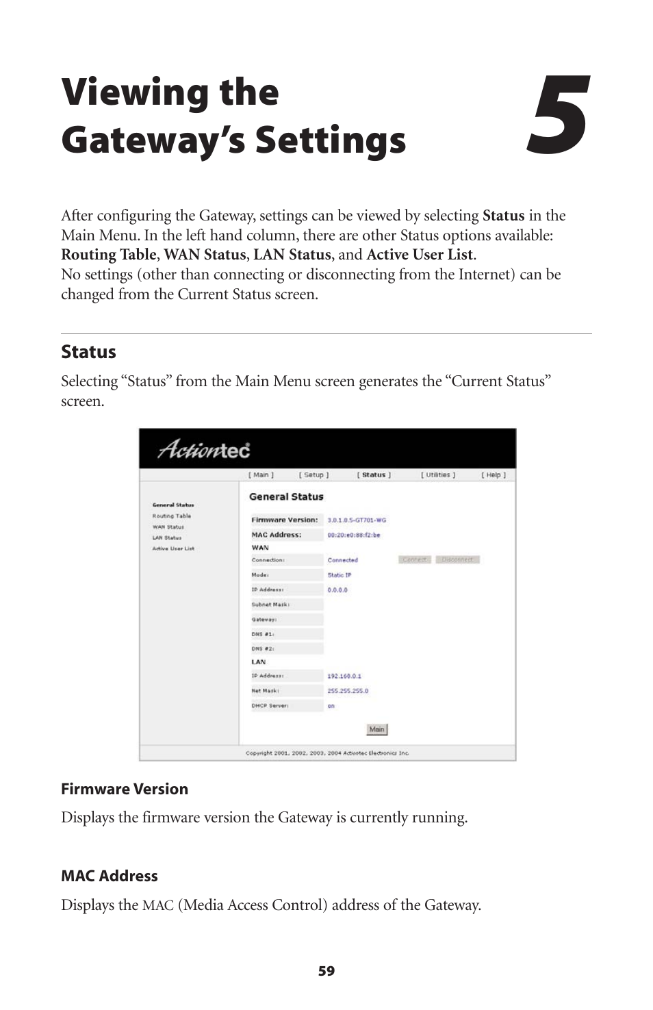 Viewing the gateway’s settings, Status | Actiontec electronic Actiontec Wireless DSL Gateway GT701WG User Manual | Page 62 / 135
