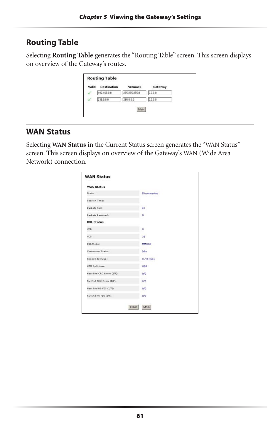 Routing table, Wan status, 61 wan status | Actiontec electronic Actiontec Wireless DSL Gateway GT701WG User Manual | Page 64 / 135