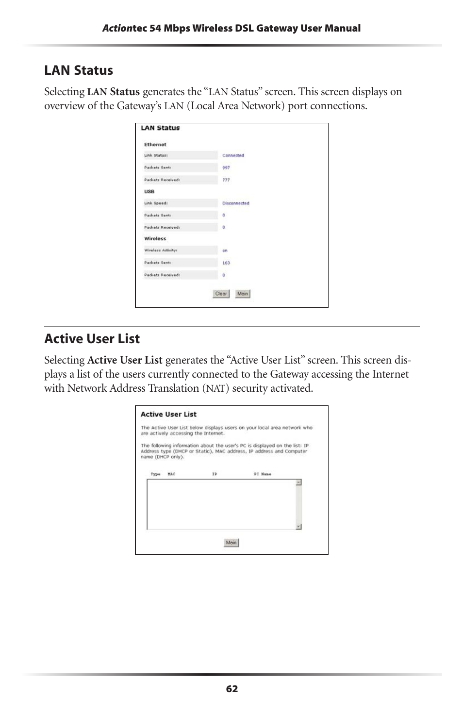 Lan status, Active user list, 62 active user list | Actiontec electronic Actiontec Wireless DSL Gateway GT701WG User Manual | Page 65 / 135