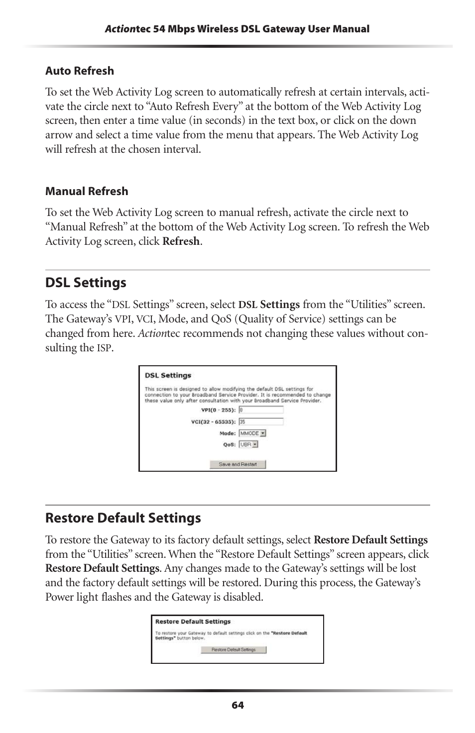Dsl settings, Restore default settings, 64 restore default settings | Actiontec electronic Actiontec Wireless DSL Gateway GT701WG User Manual | Page 67 / 135